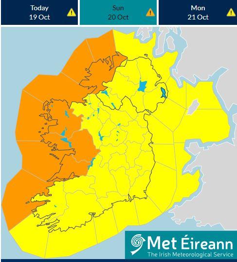 Ireland shaded in yellow with Galway Donegal Clare and Mayo in Orange