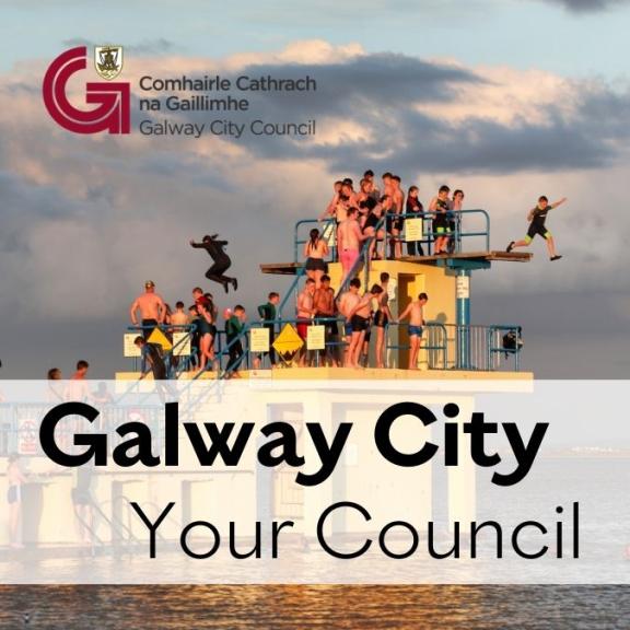 Galway City Your Council text over background image of people jumping from Blackrock Diving Tower