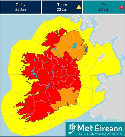 map of ireland with most counties in red