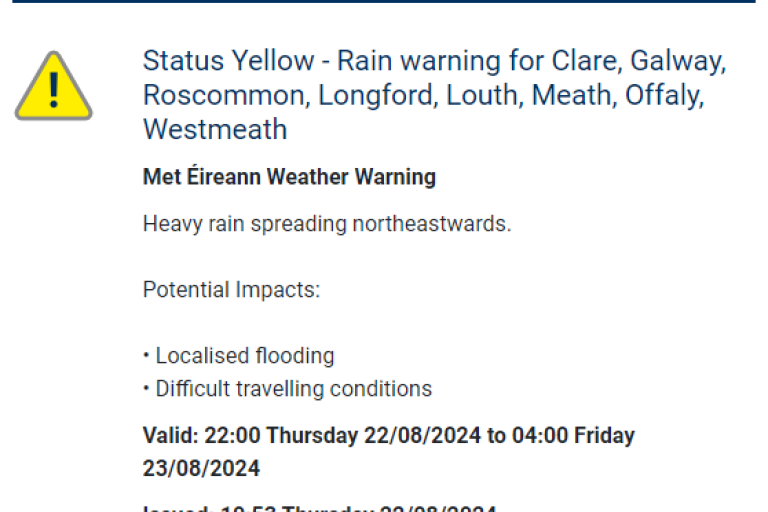 Status Yellow Rain Warning, High Tide Advisory Issued by Met Éireann