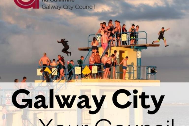 Galway City Your Council text over background image of people jumping from Blackrock Diving Tower