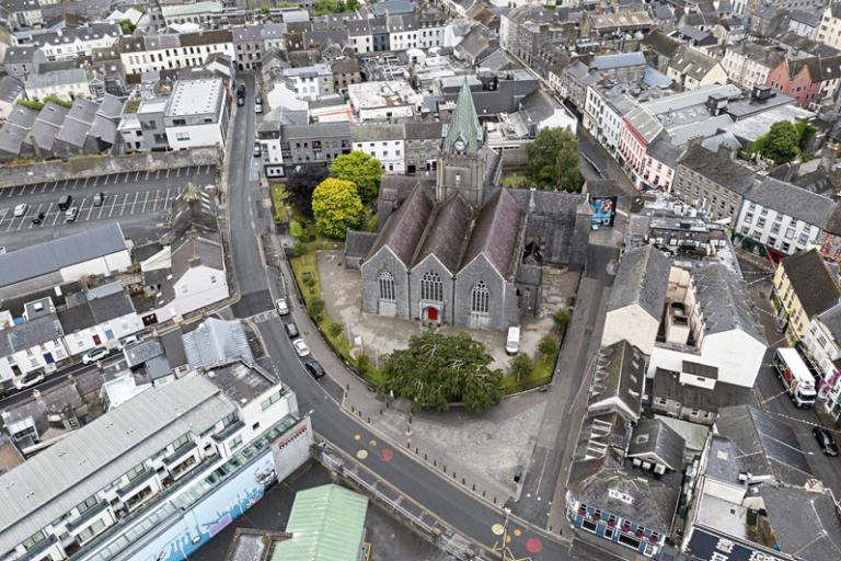 An aerial shot of Lombard Street and St. Nicholas' Church