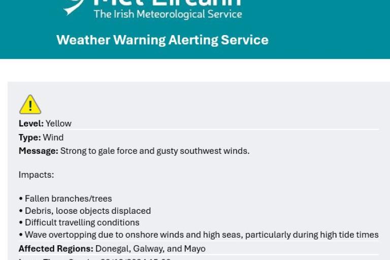 Met Éireann wind warning snapshot