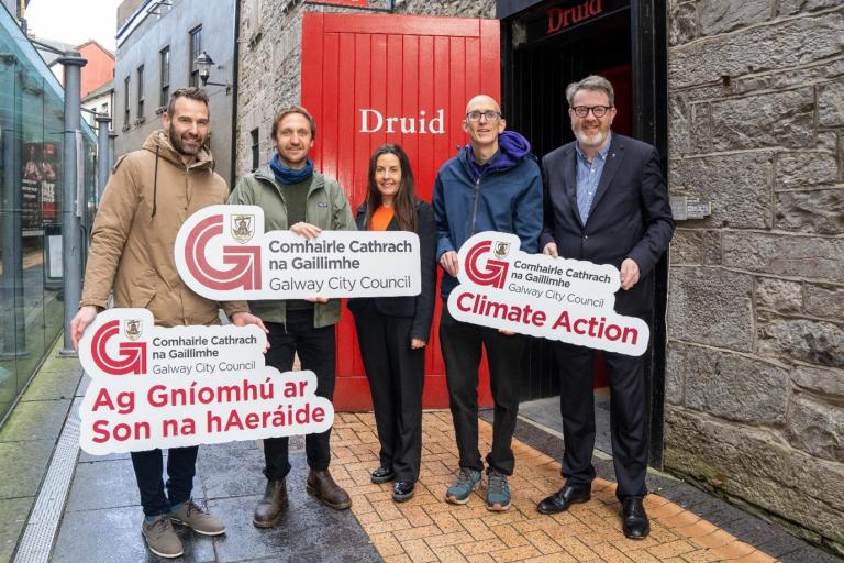 Staff and Deputy Mayor of GCC with Galway Volunteer and Galway City Partnership reps outside Mick Lally Theatre