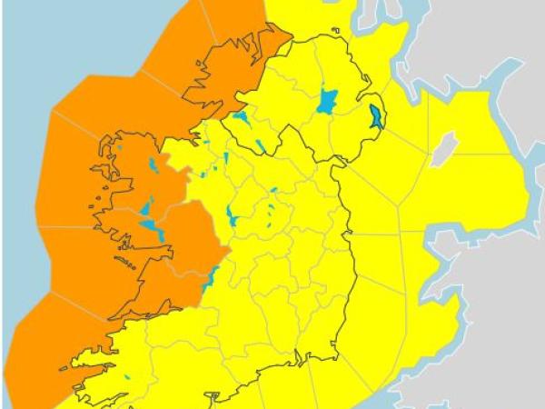 Ireland shaded in yellow with Galway Donegal Clare and Mayo in Orange