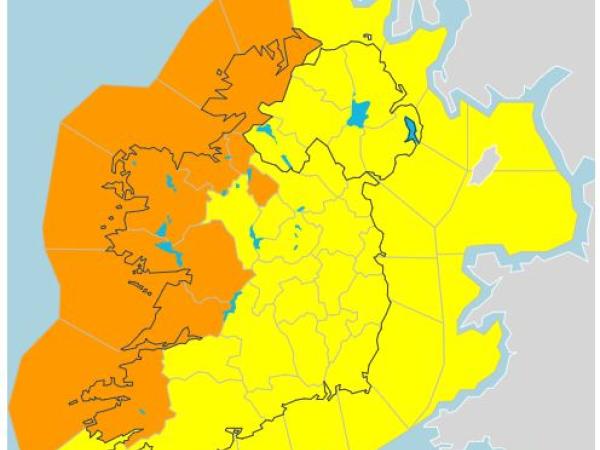 Ireland shaded in yellow with Galway Donegal Clare and Mayo in Orange