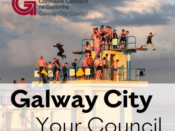 Galway City Your Council text over background image of people jumping from Blackrock Diving Tower