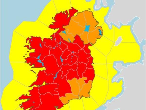 map of ireland with most counties in red