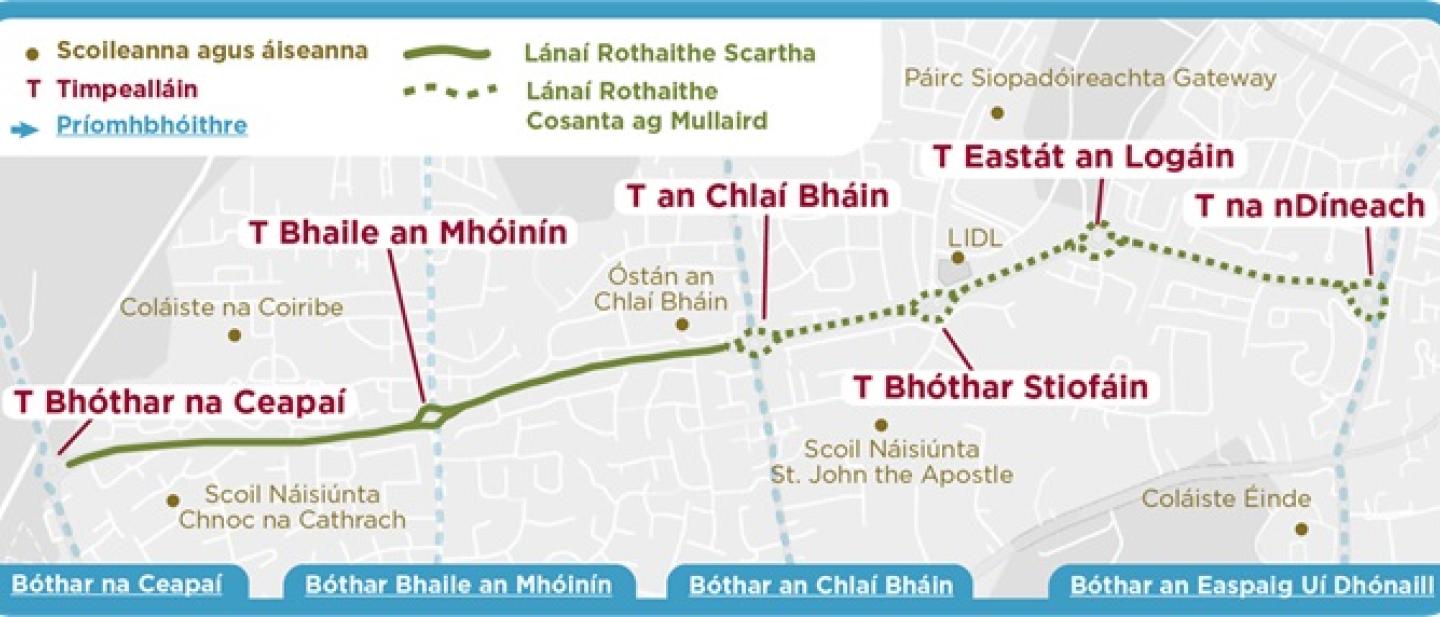 A map of the proposed Galway Western Distributor Road Cycle Scheme - Irish